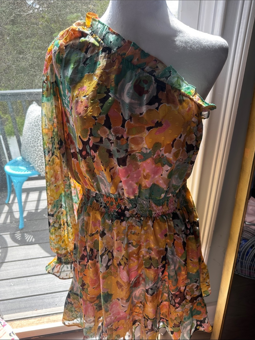 Vici One-Shoulder Floral Mini Dress in Yellow, Pink & Green